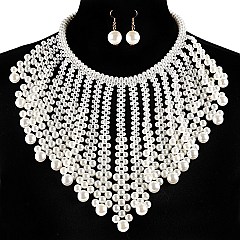 Pearl Beaded Bib Choker Necklace - Collar Statement Necklace Earrings Set