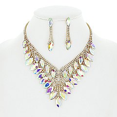 COLORED CRYSTAL LEAF STATEMENT NECKLACE SET