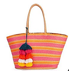 Multi Color Beach Bag with Pom Pom