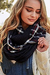 PLAID RIBBED KNIT INFINITY SCARF