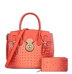 2 IN 1Crocodile Accented Satchel Handbag With Wallet