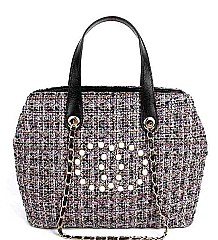 Smooth Fabric Classic Satchel Bag with Pearl Accent