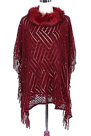Faux Fur Collar Fringe Knit Poncho