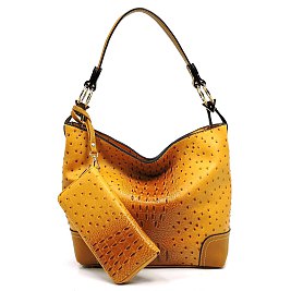 Side Ring Large Hooked Single Strap Ostrich Print Embossed Hobo SET