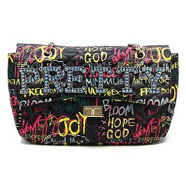 LARGE sIZE Quilted Graffiti Bag with Crystal-stoned word "PRETTY"