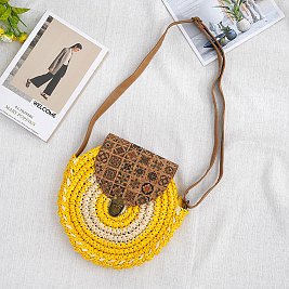 Circled Pattern Straw Round Crossbody Bag