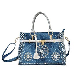 Women’s Blue Denim Rhinestones Handbags with Lock