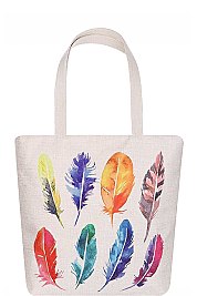 MULTI COLOR FEATHER WATER COLOR PRINT ECCO TOTE BAG