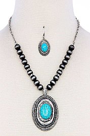 STYLISH HUGE OVATE GEM PENDANT BEADED NECKLACE SET JYAS6226
