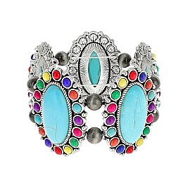 Trendy Western Turquoise Squash Blossom Stretch Bracelet