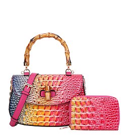2 in 1 Crocodile Twist Lock Tie-dyed Satchel Wallet Set
