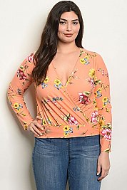 Plus Size Long Sleeve V-neck Floral Top - Pack of 6 Pieces