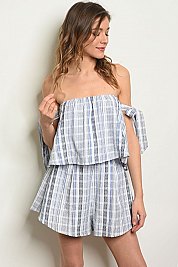 Short Sleeve Off The Shoulder Striped Ruffled Romper - Pack of 6 Pieces