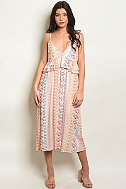 Sleeveless V-neck Waist Ruffle Printed Midi Dress - Pack of 6 Pieces