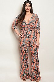 Plus Size 3/4 Sleeve V-neck Printed Jumpsuit - Pack of 6 Pieces