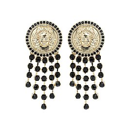 RHINESTONE TASSELS LION HEAD EARRING