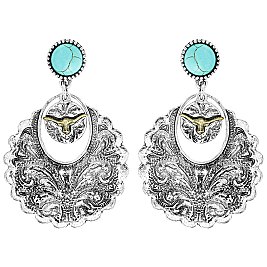 FASHION STEER SKULL WESTERN STYLE TURQUOISE DANGLE EARRINGS