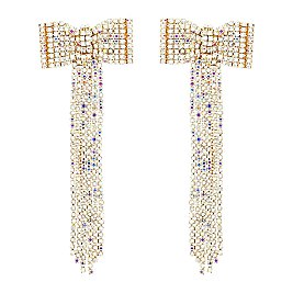 4 INCH BOW RIBBON FRINGE EARRINGS with crystals