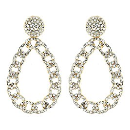 STYLISH CHAIN LINK CRYSTAL RHINESTONE TEARDROP HOOP EARRINGS