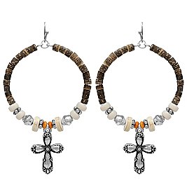 Western Beaded Hoop Drop Earrings with Cross