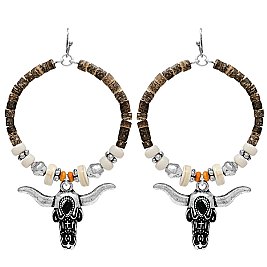 Western Beaded Hoop Drop Earrings with Bull Charm