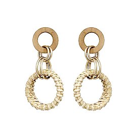 Chic Wooden Metal Straw Linked Hoop Post Earrings MH-ELE1209