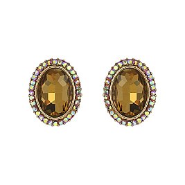 Fashionable Oval Gem with Stone Edge Metal Earrings