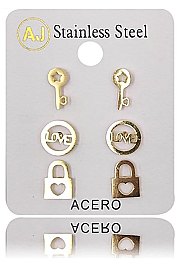 PACK OF 12 TRENDY ASSORTED COLOR 3-PAIR STAINLESS STEEL STUD EARRING SET