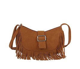 Suede Buckle Flap Fringe Crossbody Bag