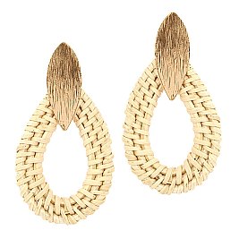 Woven Straw Open-cut Brushed Metal Teardrop Earring MH-FE3575