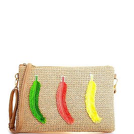 STYLISH WOVEN CANVAS FEATHER DESIGNED FASHION CLUTCH WITH LONG STRAP JYHB423