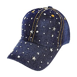 TRENDY GEMSTONE DISTRESSED DARK DENIM FASHION BASEBALL CAP