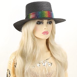 Flat Top Fedora Straw Hat with Crystal Strip