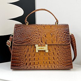  " H " Metal Accent Crocodile Satchel