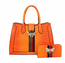2-in-1 Ostrich Croc Queen Bee Stripe Satchel / Wallet Set