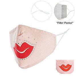 FASHION LIPS & RHINESTONE MASK W/ FILTER POCKET & ADJUSTABLE ELASTIC EAR STRAP