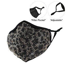 LEOPARD PRINT ADJUSTABLE ELASTIC EAR STRAP RHINESTONE BLING MASK W/ FILTER POCKET