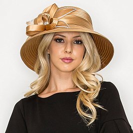 LARGE Satin Hat Embellished with Crystals and Floral Ribbon