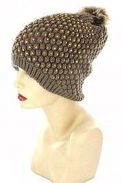 Dozen of 12 pcs Crystal Stoned Faux Fur Pom Pom Beanies