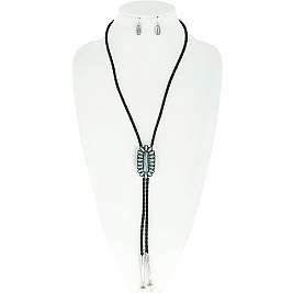 CLASSIC COWBOY NECKTIE CONCHO TURQUOISE PENDANT BOLO TIE NECKLACE AND EARRINGS SET