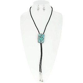 STYLISH COWBOY NECKTIE CACTUS TURQUOISE PENDANT BOLO TIE NECKLACE AND EARRINGS SET