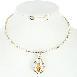 STYLISH TEARDROP GEM STONE PENDANT RHINESTONE COLLAR NECKLACE AND EARRINGS