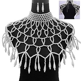 Fashionable Collar Draped Poncho Pearl Bib Set