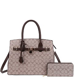 2-in-1 Oval Print Monogram Padlock Satchel Set + Wallet