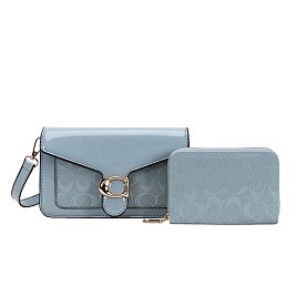 2-in-1 Texture Oval Print Patent Cross-Body / Shoulder Bag & Wallet Set