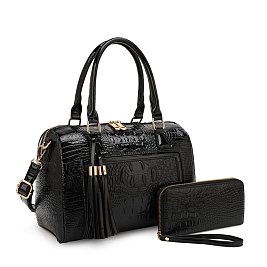 2-IN-1 Crocodile Tassled Boston Satchel With Wallet