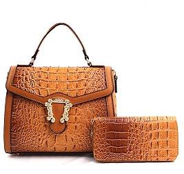 2- in 1 Crocodile Accent Buckeled - Satchel Wallet Set