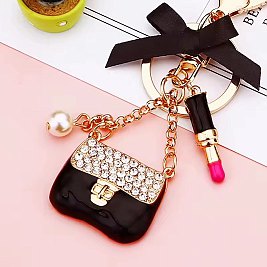 black wholesale Keychain and Lipstick Bow Charm Pendant Kawaii Women's Metal Bag Keychain