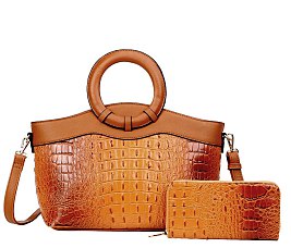 2 IN-1 Croc Round Top Handle Satchel Bag + Wallet