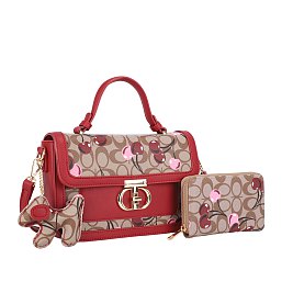 2- in-1 Oval Chery Print Monogram Satchel Set + KeyChain Charming & Wallet